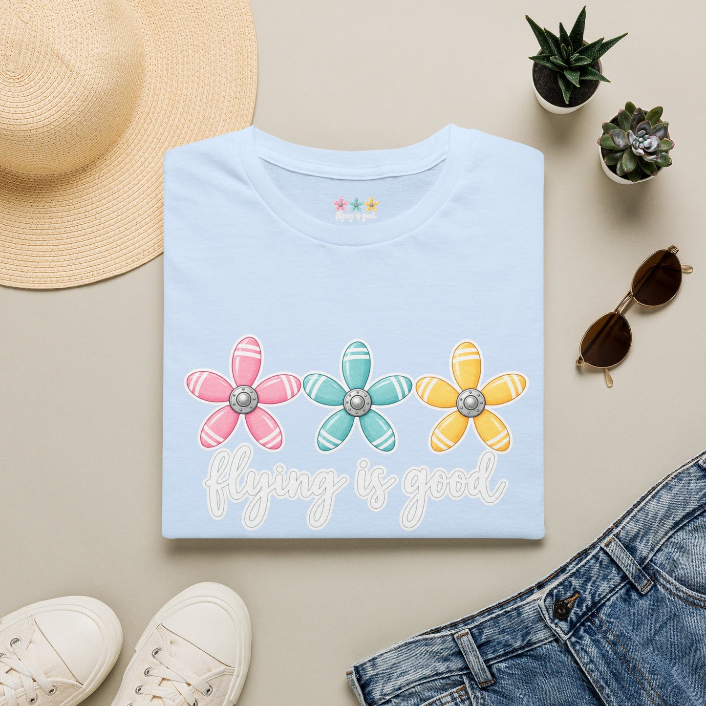 Flying Is Good Floral T-Shirt — Cute Retro Propeller Flowers Tee