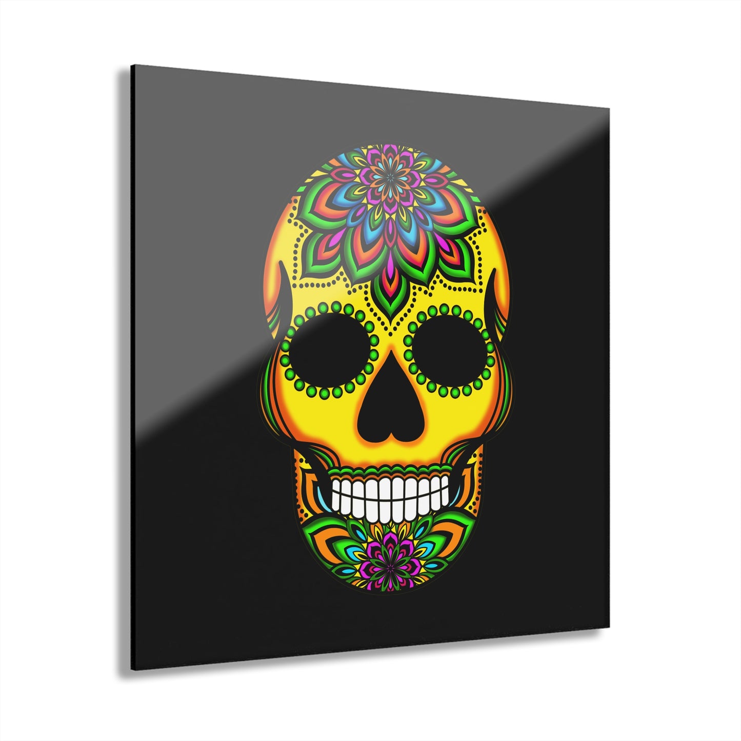 Day of the Dead Sugar Skull Acrylic Wall Art - Yellow (French Cleat)