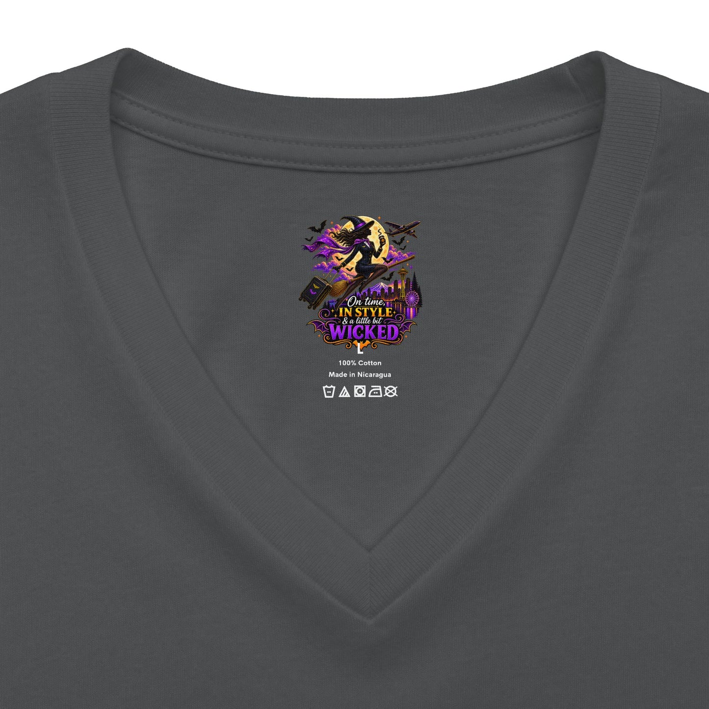 Witchy Halloween V-Neck Tee — "On Time, In Style & A Little Bit Wicked"