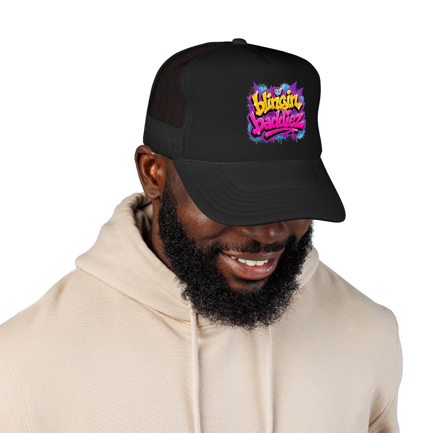Foam Trucker Hat — "Blingin Baddiez" Colorful Graffiti Logo Cap