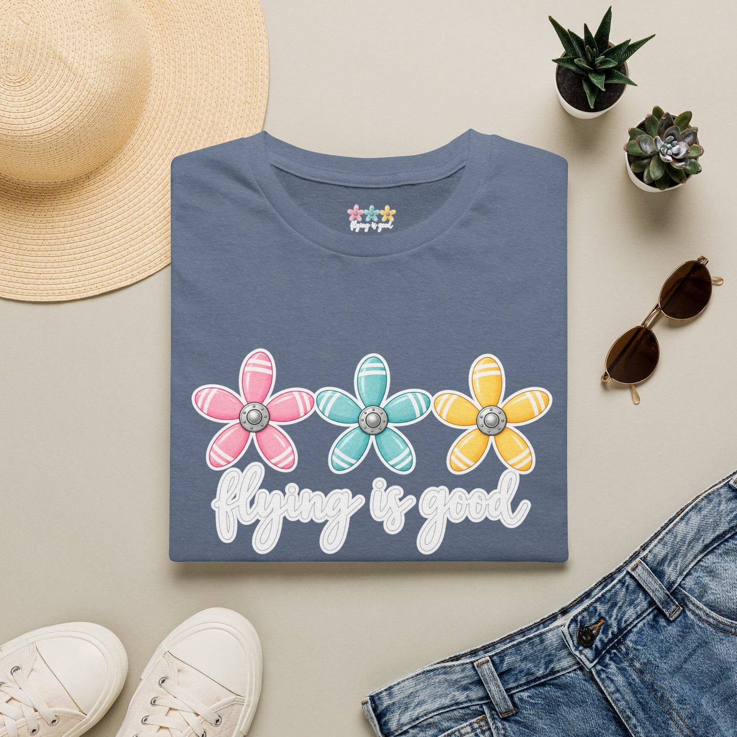 Flying Is Good Floral T-Shirt — Cute Retro Propeller Flowers Tee