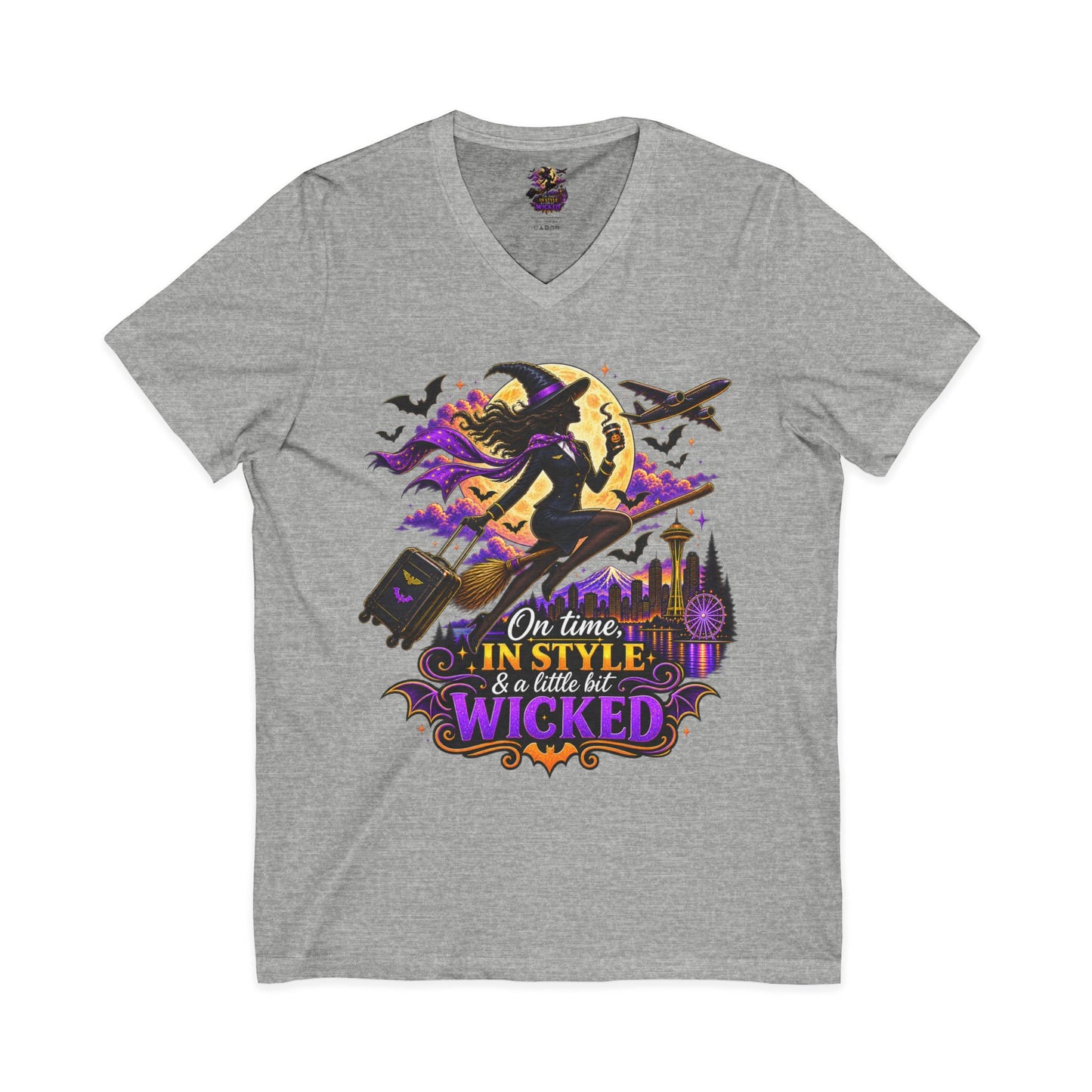 Witchy Halloween V-Neck Tee — "On Time, In Style & A Little Bit Wicked"