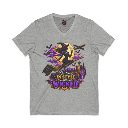 Witchy Halloween V-Neck Tee — "On Time, In Style & A Little Bit Wicked"