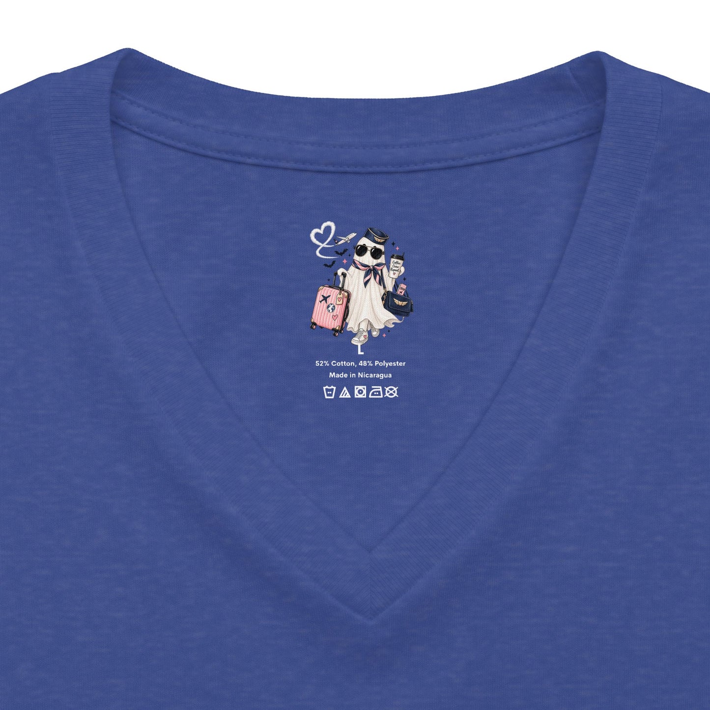 Travel Ghost V-Neck Tee — Cute Flight Attendant Ghost with Luggage Graphic