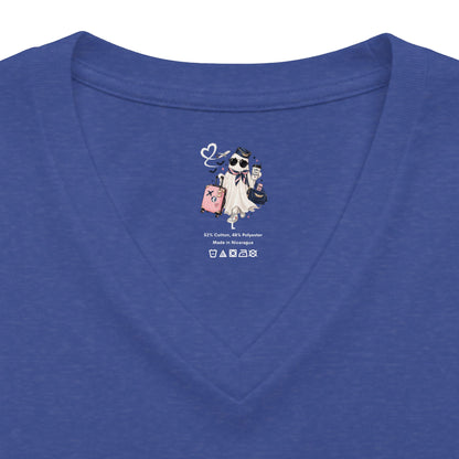 Travel Ghost V-Neck Tee — Cute Flight Attendant Ghost with Luggage Graphic