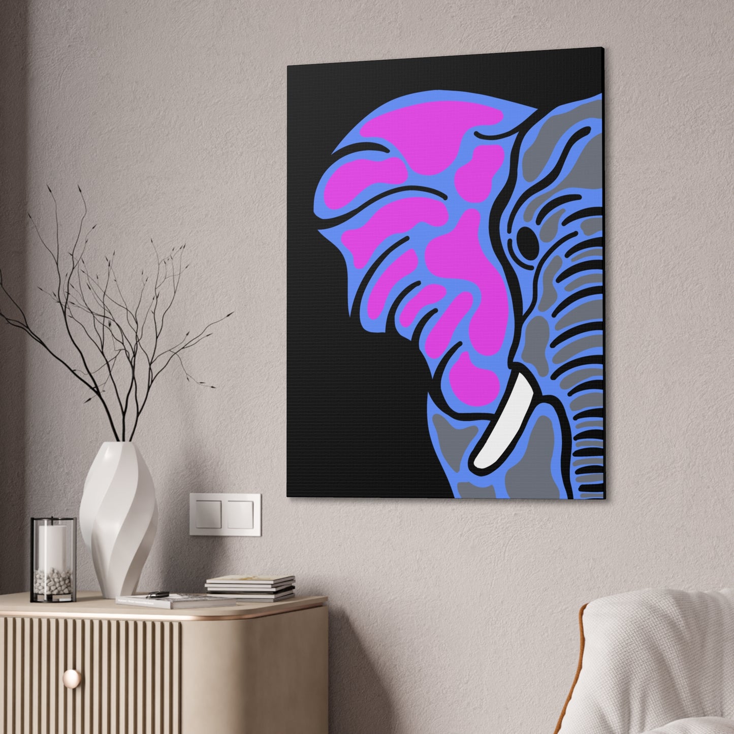 Neon Elephant Canvas Print — Bold Pink & Blue Safari Wall Art