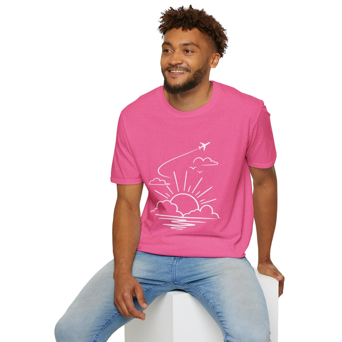 Sunrise Flight T-Shirt | Airplane, Clouds, Sunburst Line Art