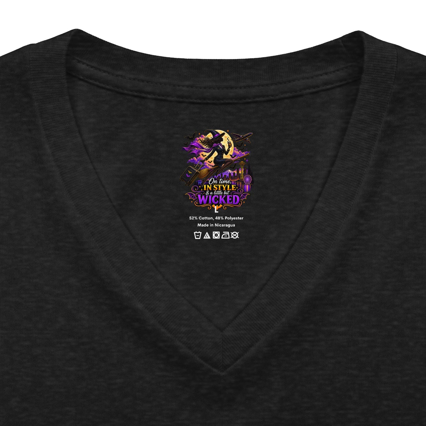 Witchy Halloween V-Neck Tee — "On Time, In Style & A Little Bit Wicked"