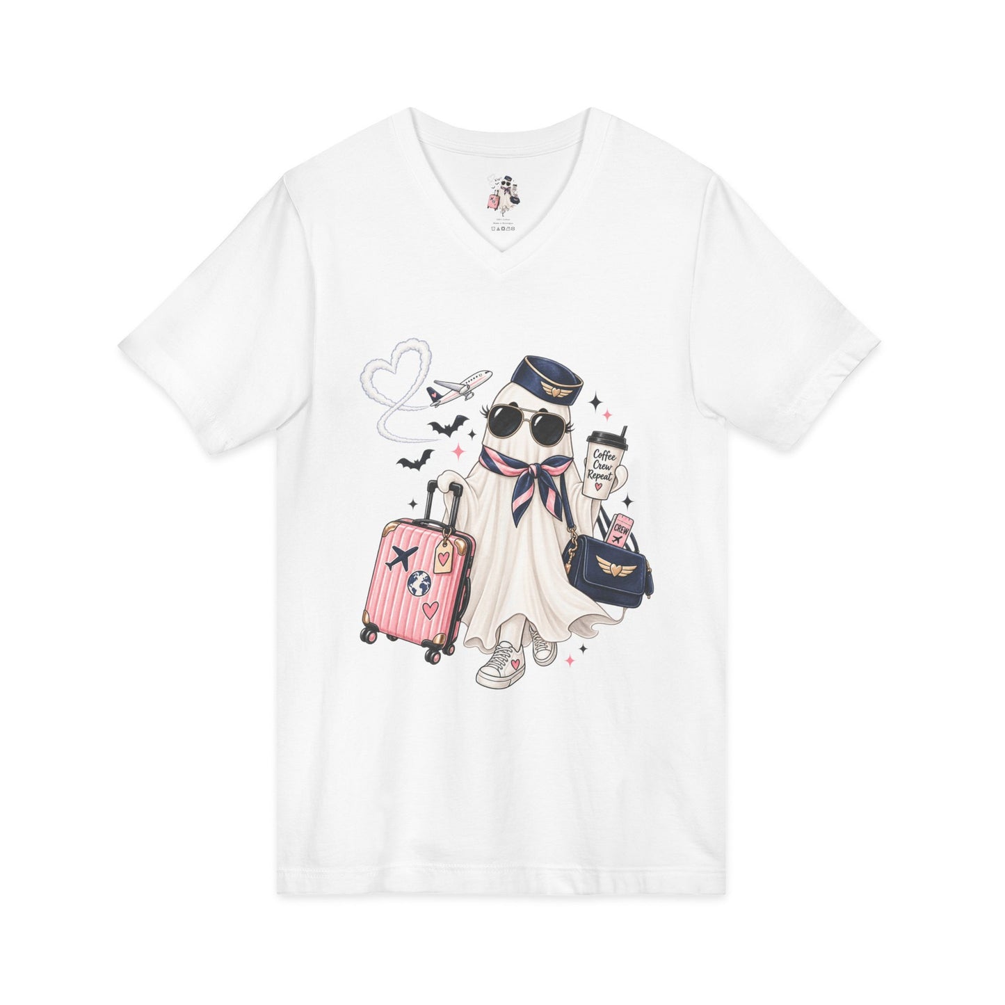 Travel Ghost V-Neck Tee — Cute Flight Attendant Ghost with Luggage Graphic