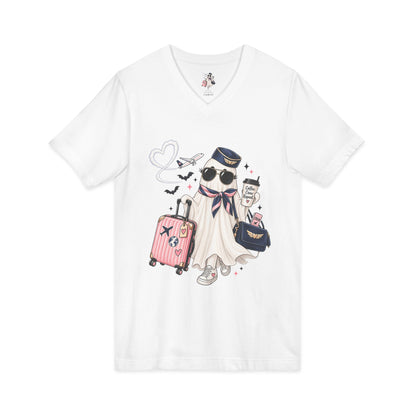 Travel Ghost V-Neck Tee — Cute Flight Attendant Ghost with Luggage Graphic