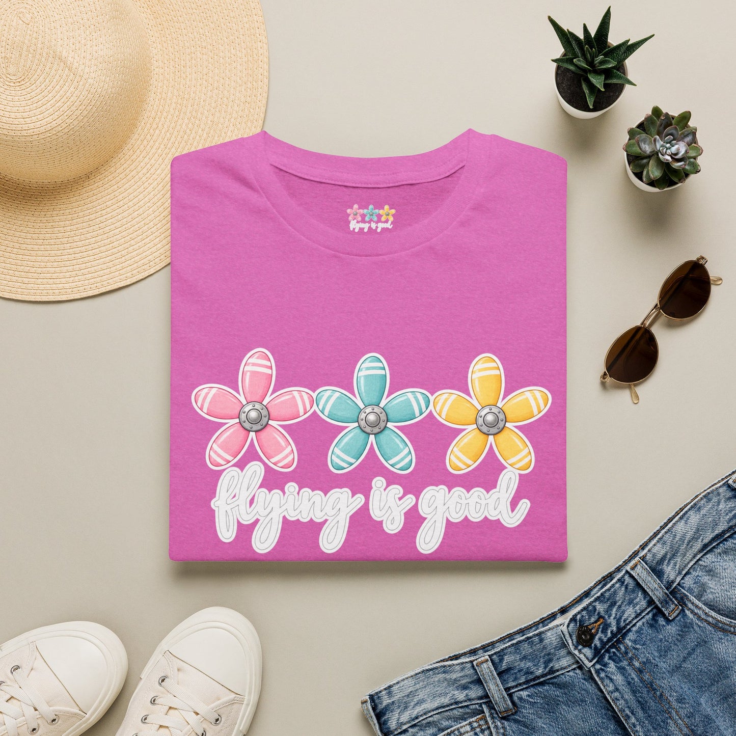 Flying Is Good Floral T-Shirt — Cute Retro Propeller Flowers Tee
