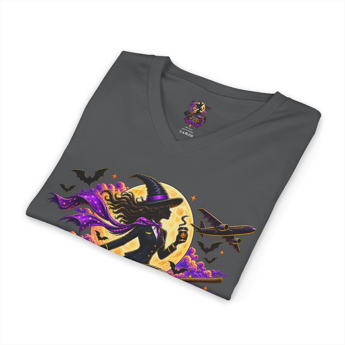 Witchy Halloween V-Neck Tee — "On Time, In Style & A Little Bit Wicked"