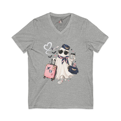 Travel Ghost V-Neck Tee — Cute Flight Attendant Ghost with Luggage Graphic