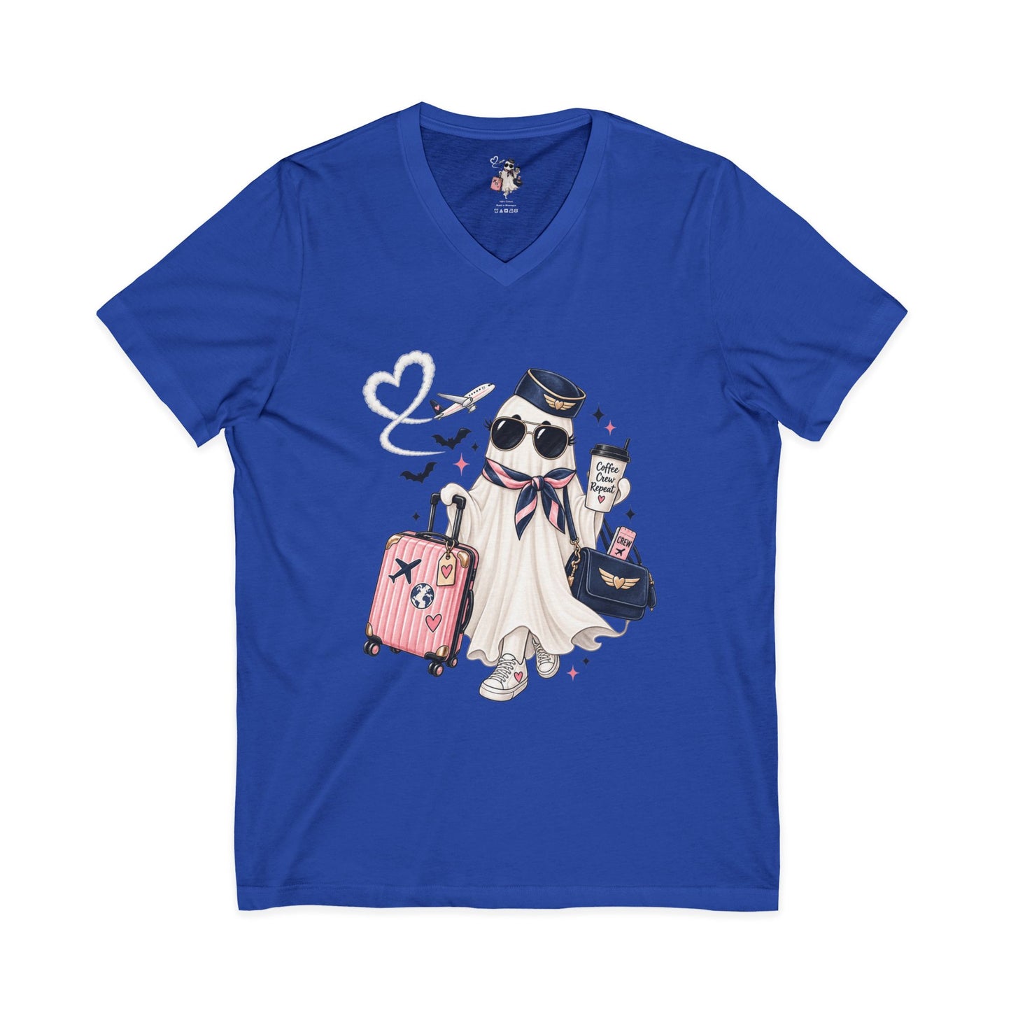 Travel Ghost V-Neck Tee — Cute Flight Attendant Ghost with Luggage Graphic