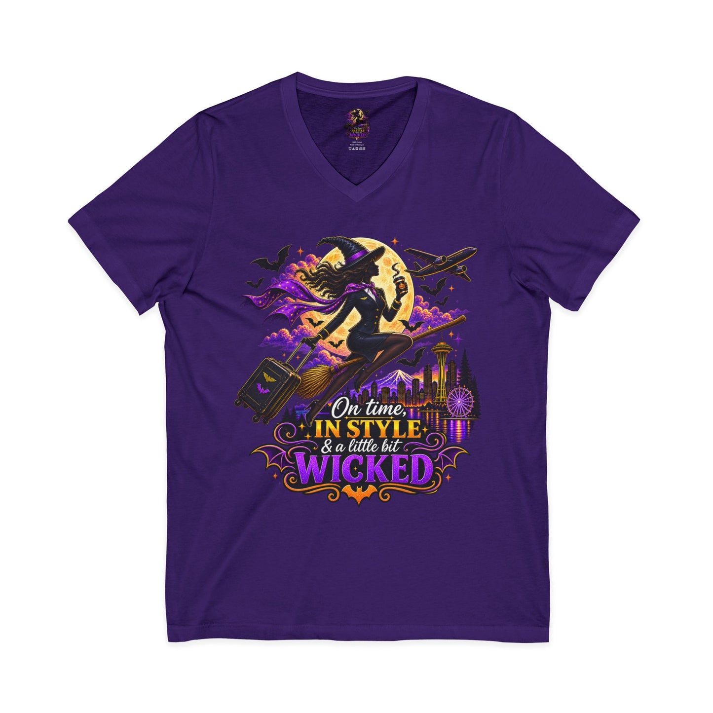 Witchy Halloween V-Neck Tee — "On Time, In Style & A Little Bit Wicked"