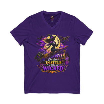 Witchy Halloween V-Neck Tee — "On Time, In Style & A Little Bit Wicked"