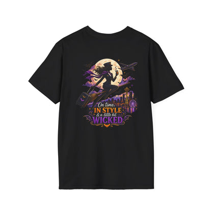 Witch Broom Halloween T‑Shirt — "On Time, In Style, Wicked" Moonlit Witch Design
