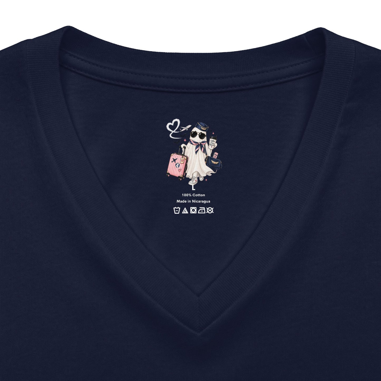 Travel Ghost V-Neck Tee — Cute Flight Attendant Ghost with Luggage Graphic