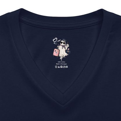 Travel Ghost V-Neck Tee — Cute Flight Attendant Ghost with Luggage Graphic