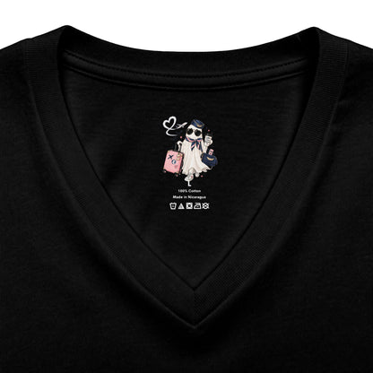 Travel Ghost V-Neck Tee — Cute Flight Attendant Ghost with Luggage Graphic