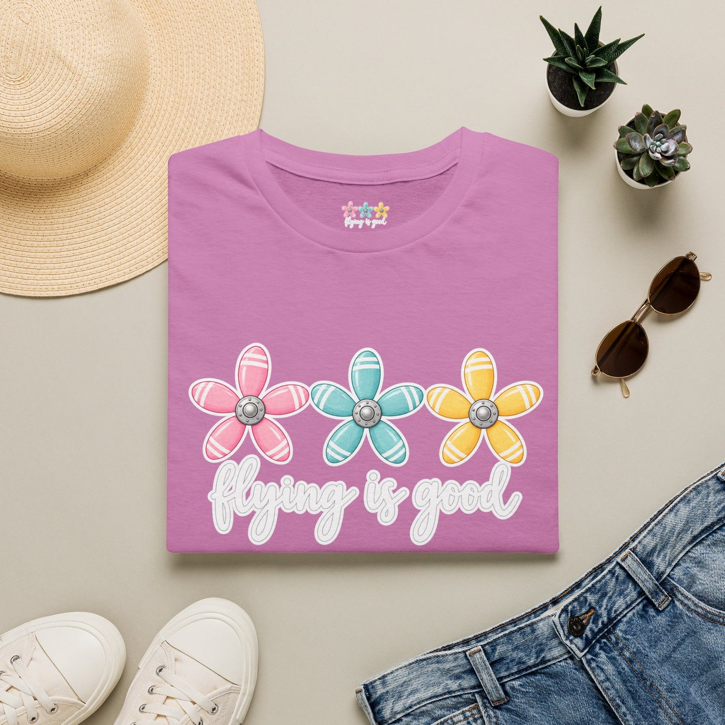 Flying Is Good Floral T-Shirt — Cute Retro Propeller Flowers Tee