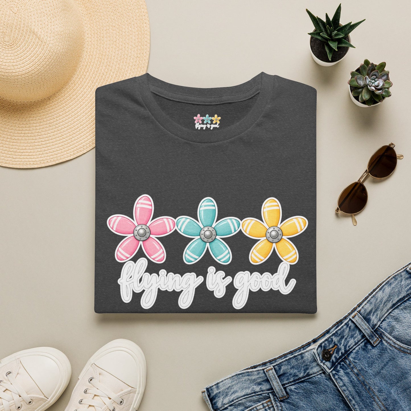 Flying Is Good Floral T-Shirt — Cute Retro Propeller Flowers Tee