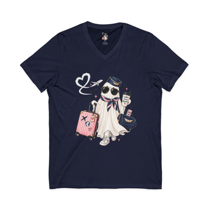 Travel Ghost V-Neck Tee — Cute Flight Attendant Ghost with Luggage Graphic