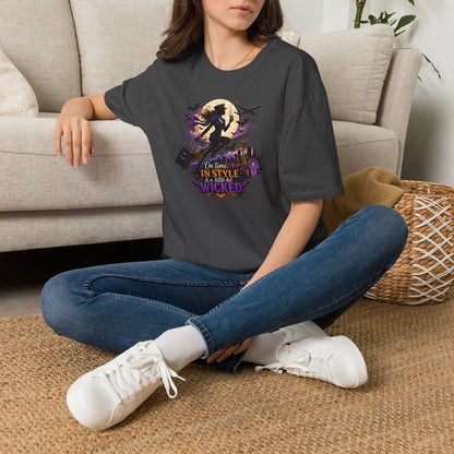 Witch Broom Halloween T‑Shirt — "On Time, In Style, Wicked" Moonlit Witch Design