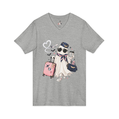 Travel Ghost V-Neck Tee — Cute Flight Attendant Ghost with Luggage Graphic
