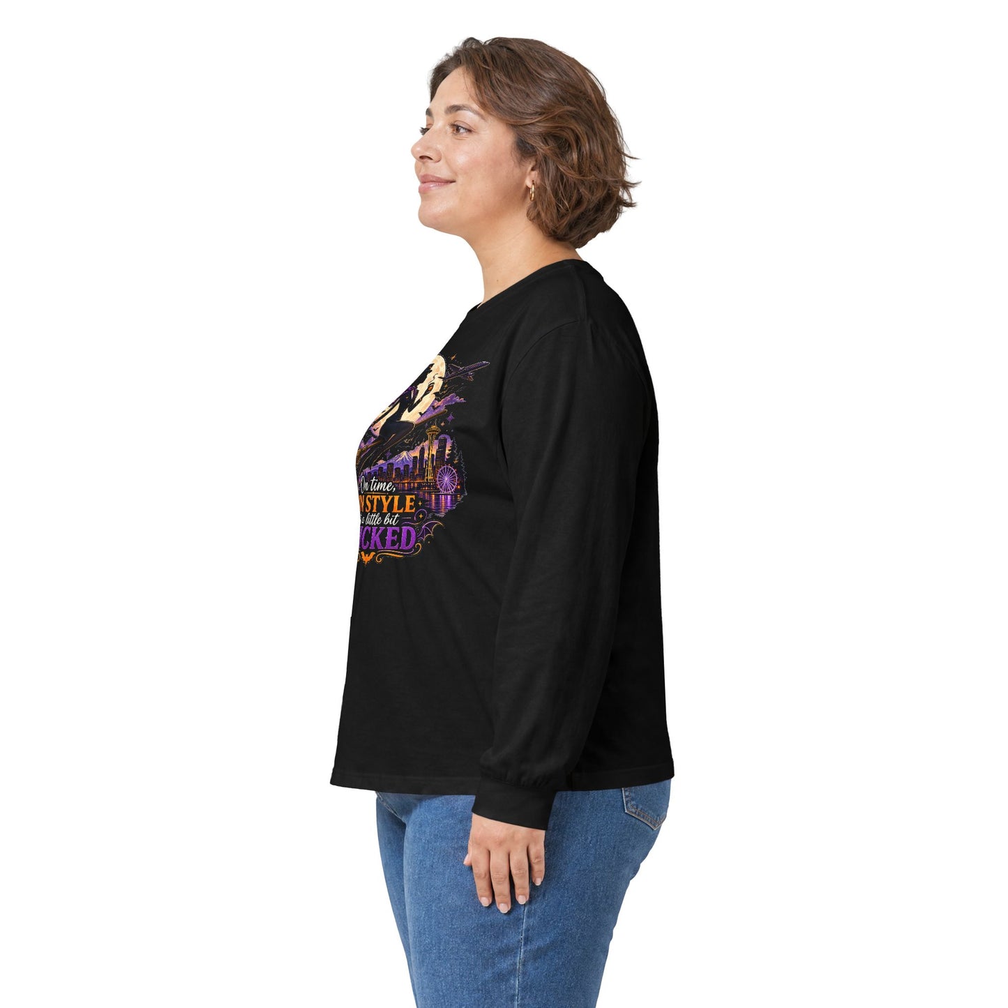 Long Sleeve Tee — 'In Time, In Style, Wicked' Halloween Witch Moon Graphic