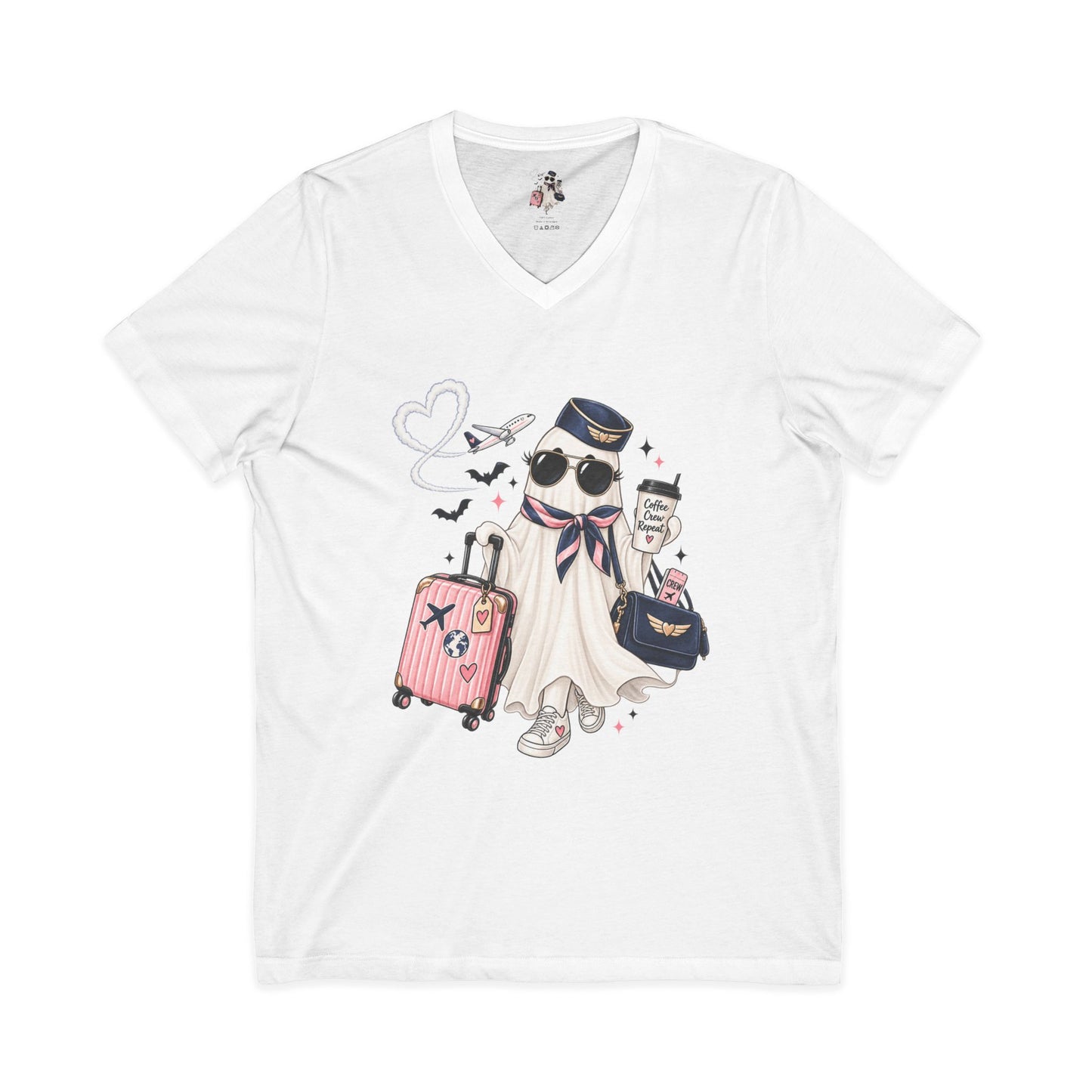 Travel Ghost V-Neck Tee — Cute Flight Attendant Ghost with Luggage Graphic