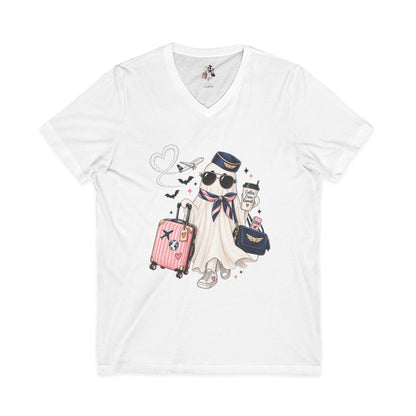 Travel Ghost V-Neck Tee — Cute Flight Attendant Ghost with Luggage Graphic