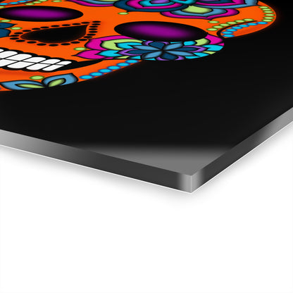 Sugar Skull Acrylic Print Orange— Colorful Day of the Dead Wall Art (French Cleat Hanging)