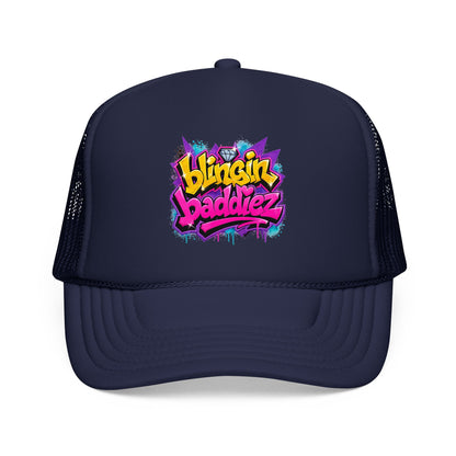 Foam Trucker Hat — "Blingin Baddiez" Colorful Graffiti Logo Cap