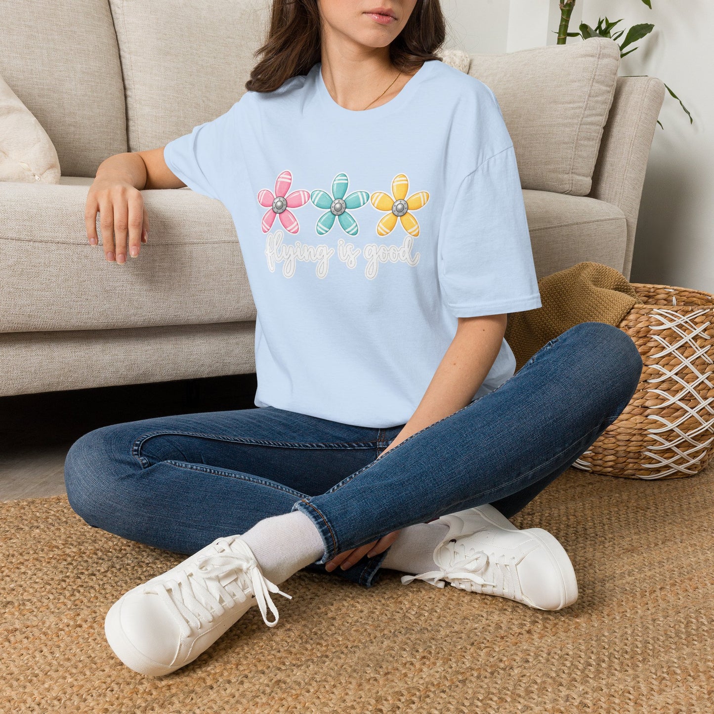 Flying Is Good Floral T-Shirt — Cute Retro Propeller Flowers Tee