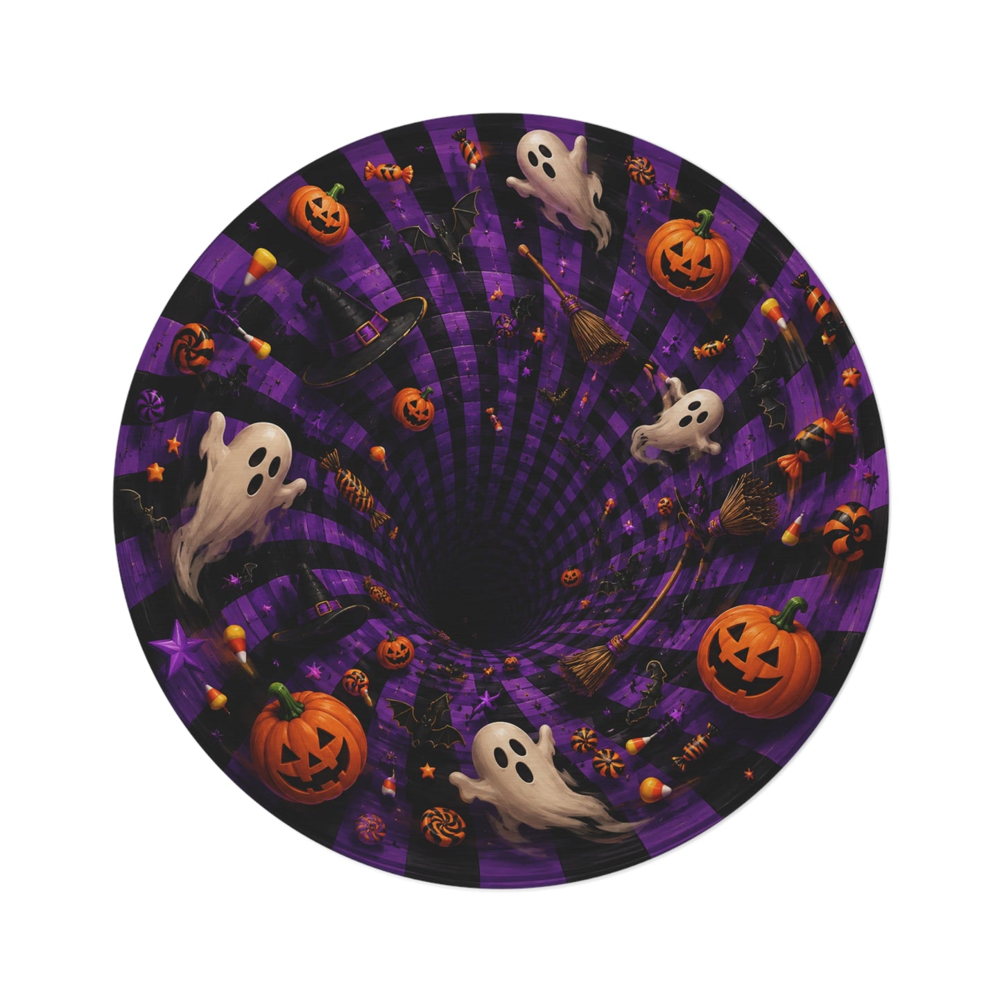 Halloween Spiral Round Rug — Ghosts, Pumpkins & Bats Decorative Floor Mat