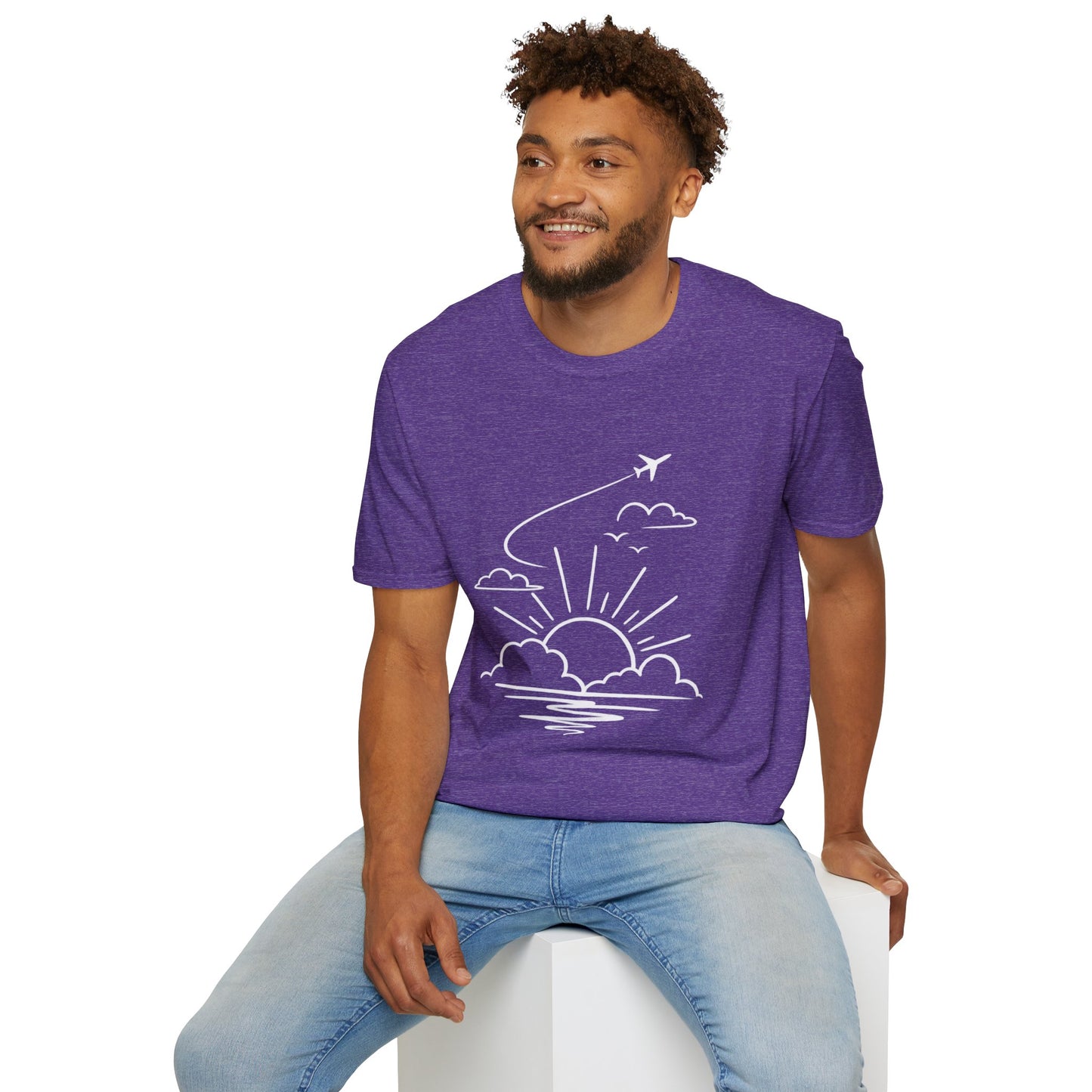 Sunrise Flight T-Shirt | Airplane, Clouds, Sunburst Line Art