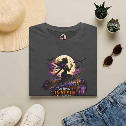 Witch Broom Halloween T‑Shirt — "On Time, In Style, Wicked" Moonlit Witch Design