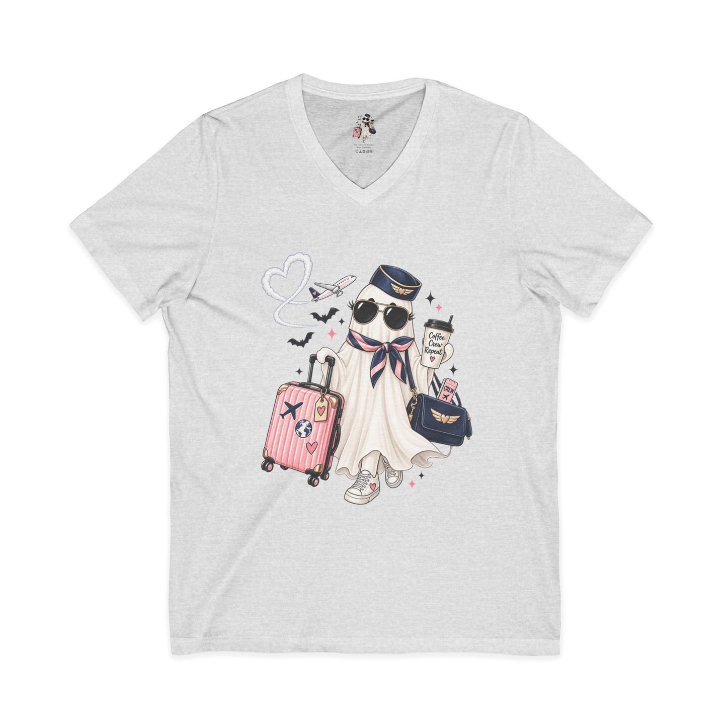 Travel Ghost V-Neck Tee — Cute Flight Attendant Ghost with Luggage Graphic