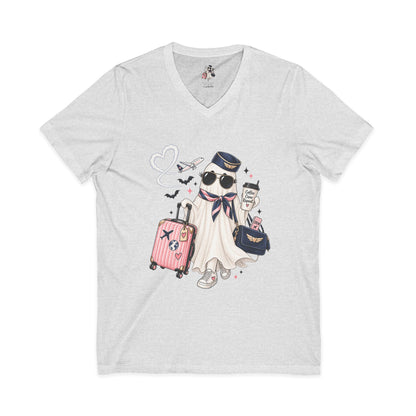 Travel Ghost V-Neck Tee — Cute Flight Attendant Ghost with Luggage Graphic