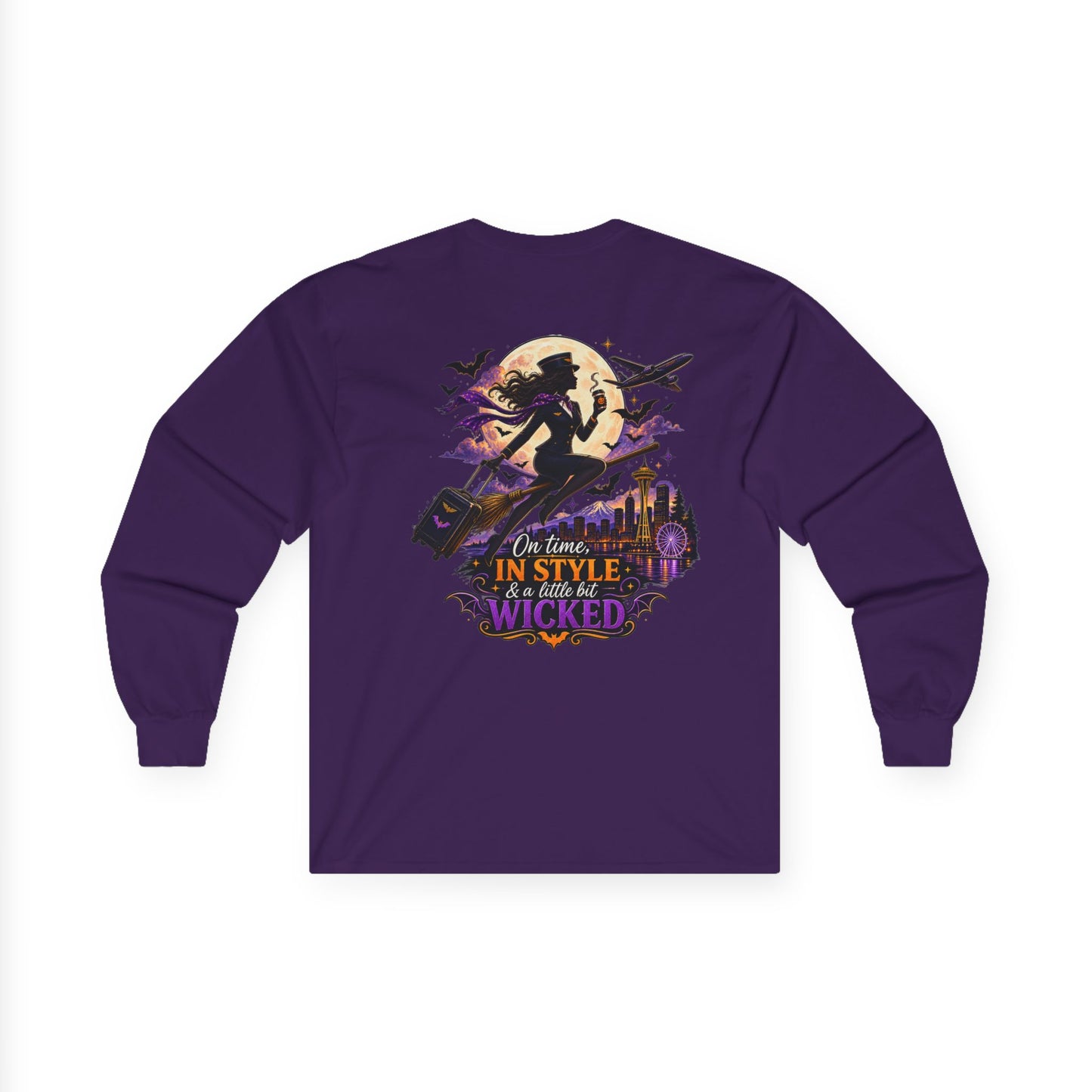 Long Sleeve Tee — 'In Time, In Style, Wicked' Halloween Witch Moon Graphic