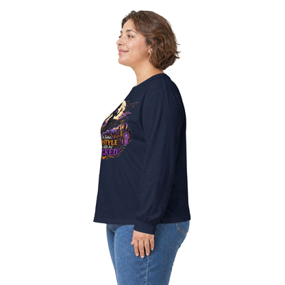 Long Sleeve Tee — 'In Time, In Style, Wicked' Halloween Witch Moon Graphic