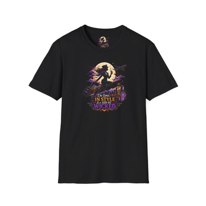 Witch Broom Halloween T‑Shirt — "On Time, In Style, Wicked" Moonlit Witch Design