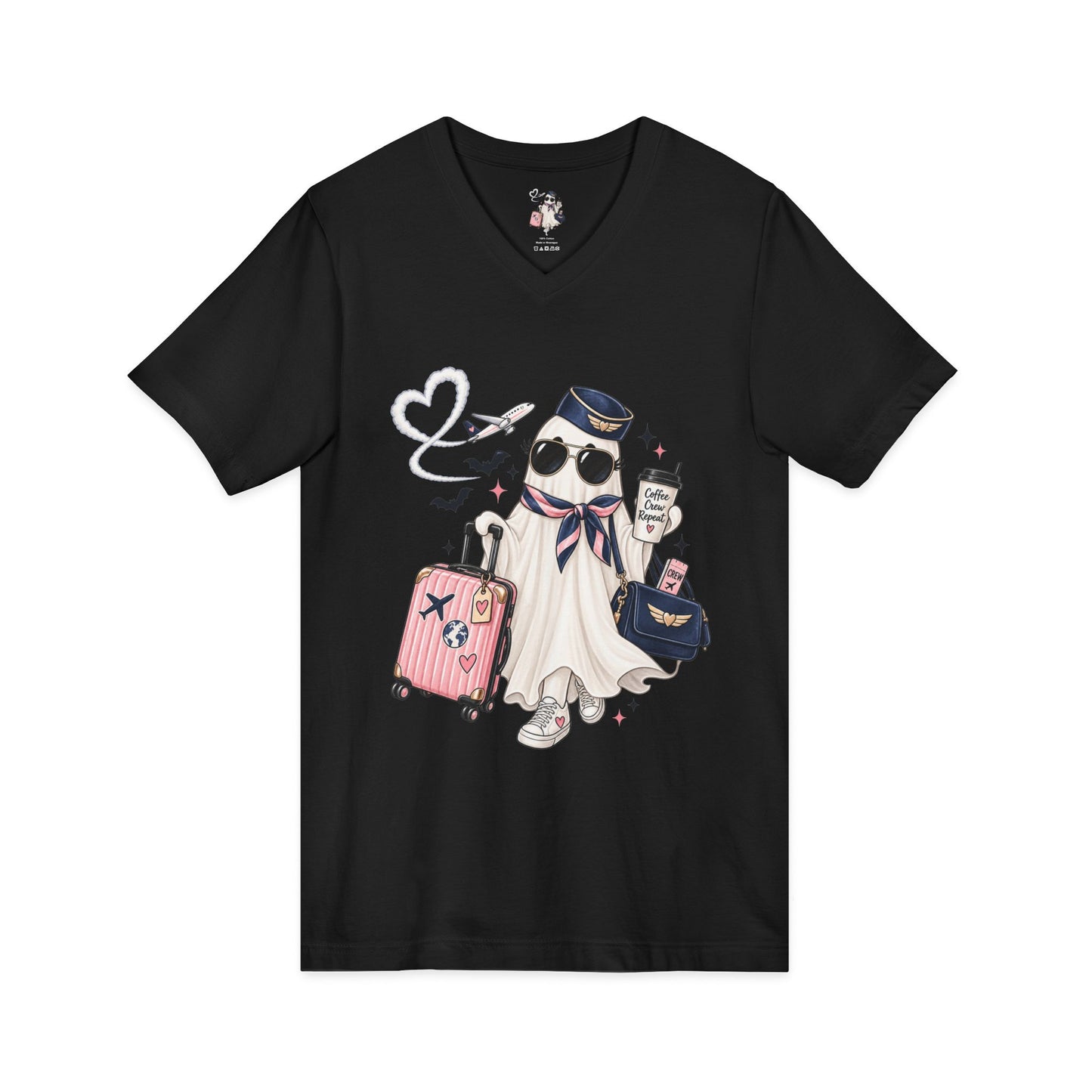 Travel Ghost V-Neck Tee — Cute Flight Attendant Ghost with Luggage Graphic