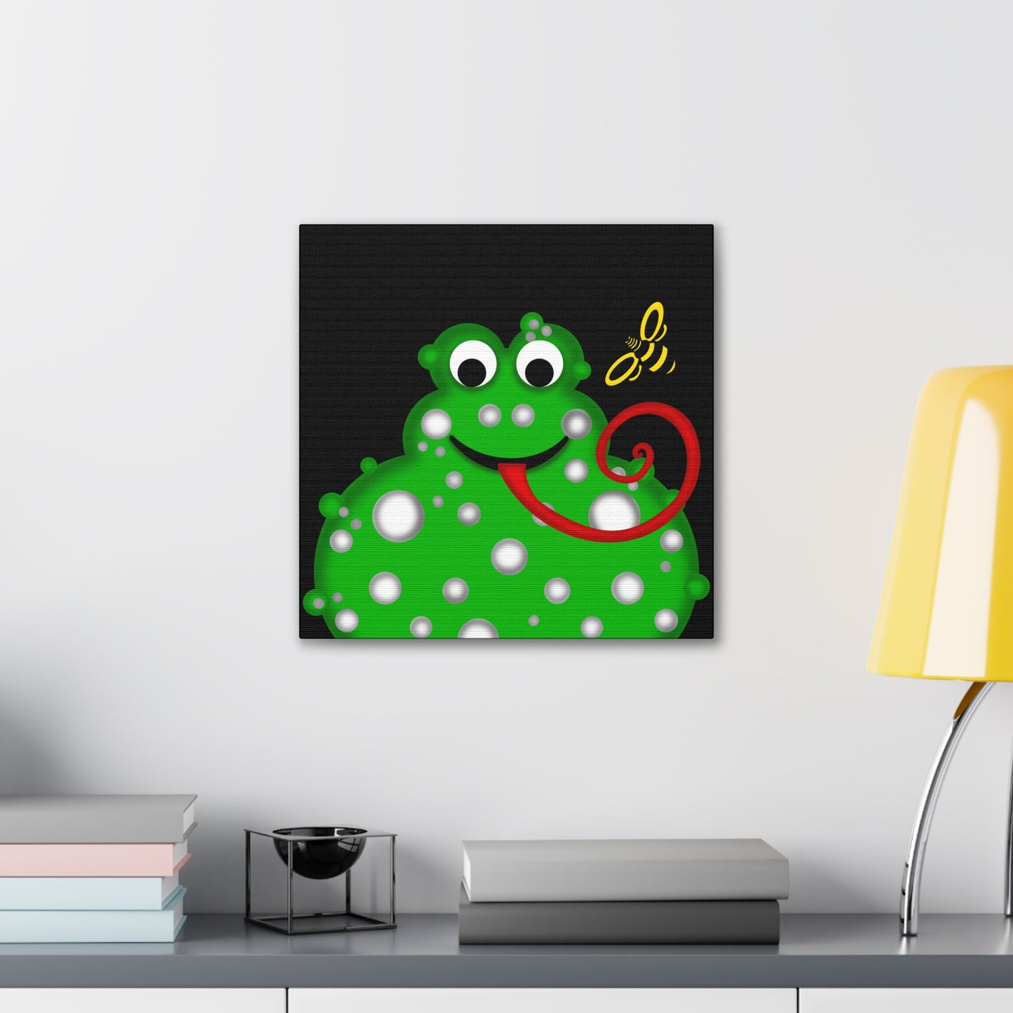 Green Lumpy Frog with a yellow Bee