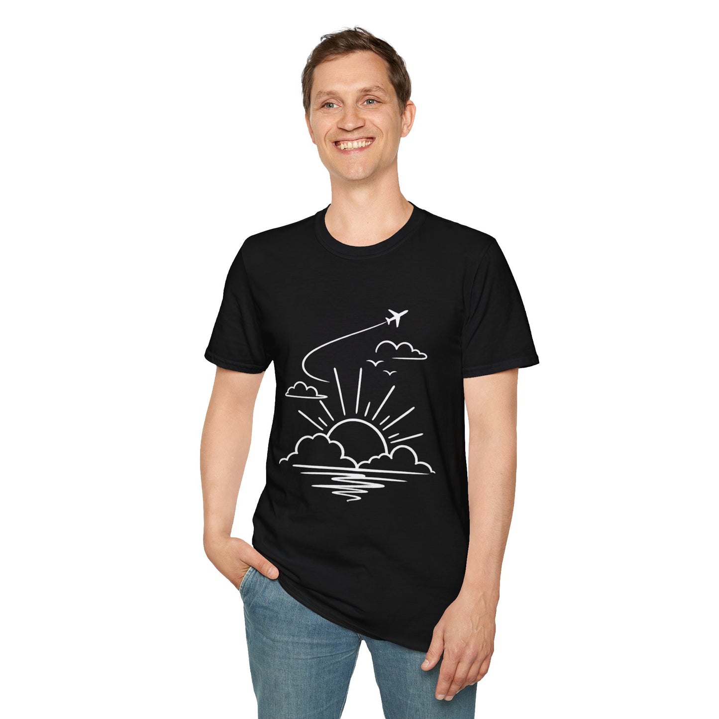 Sunrise Flight T-Shirt | Airplane, Clouds, Sunburst Line Art