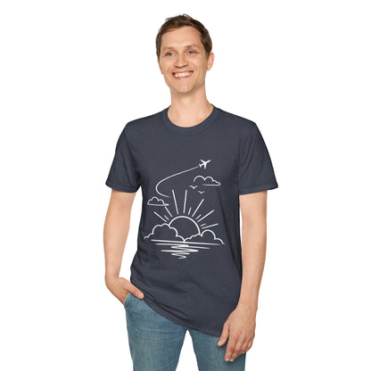 Sunrise Flight T-Shirt | Airplane, Clouds, Sunburst Line Art