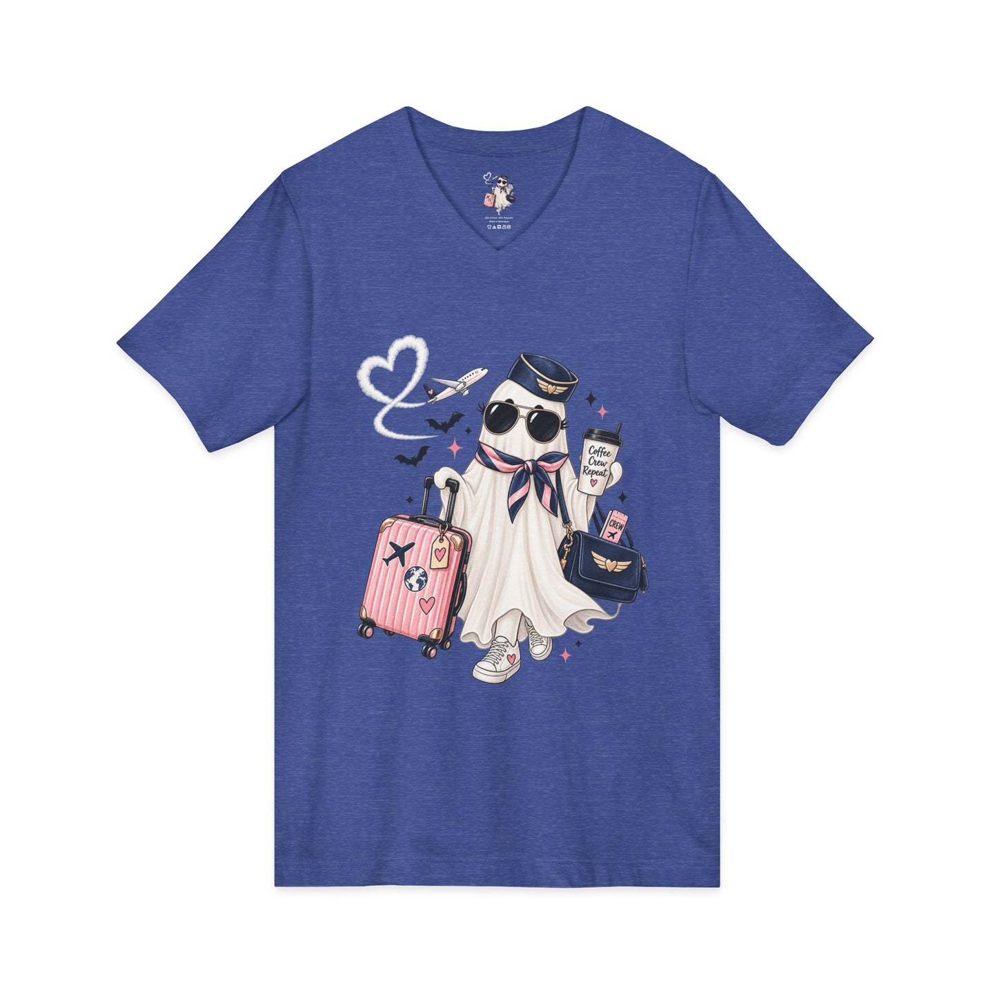 Travel Ghost V-Neck Tee — Cute Flight Attendant Ghost with Luggage Graphic