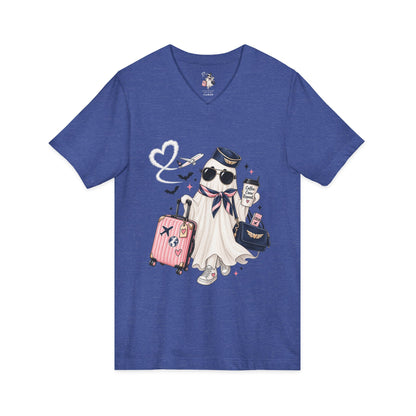 Travel Ghost V-Neck Tee — Cute Flight Attendant Ghost with Luggage Graphic