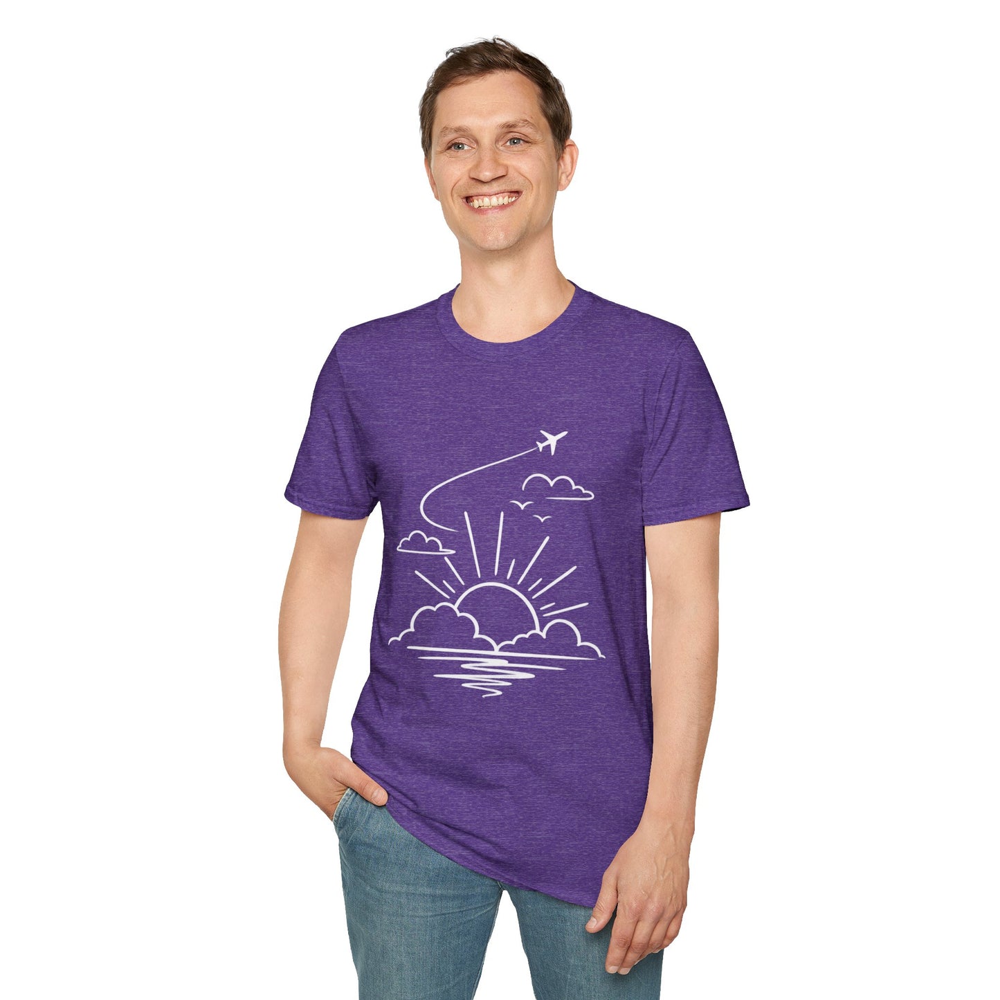 Sunrise Flight T-Shirt | Airplane, Clouds, Sunburst Line Art